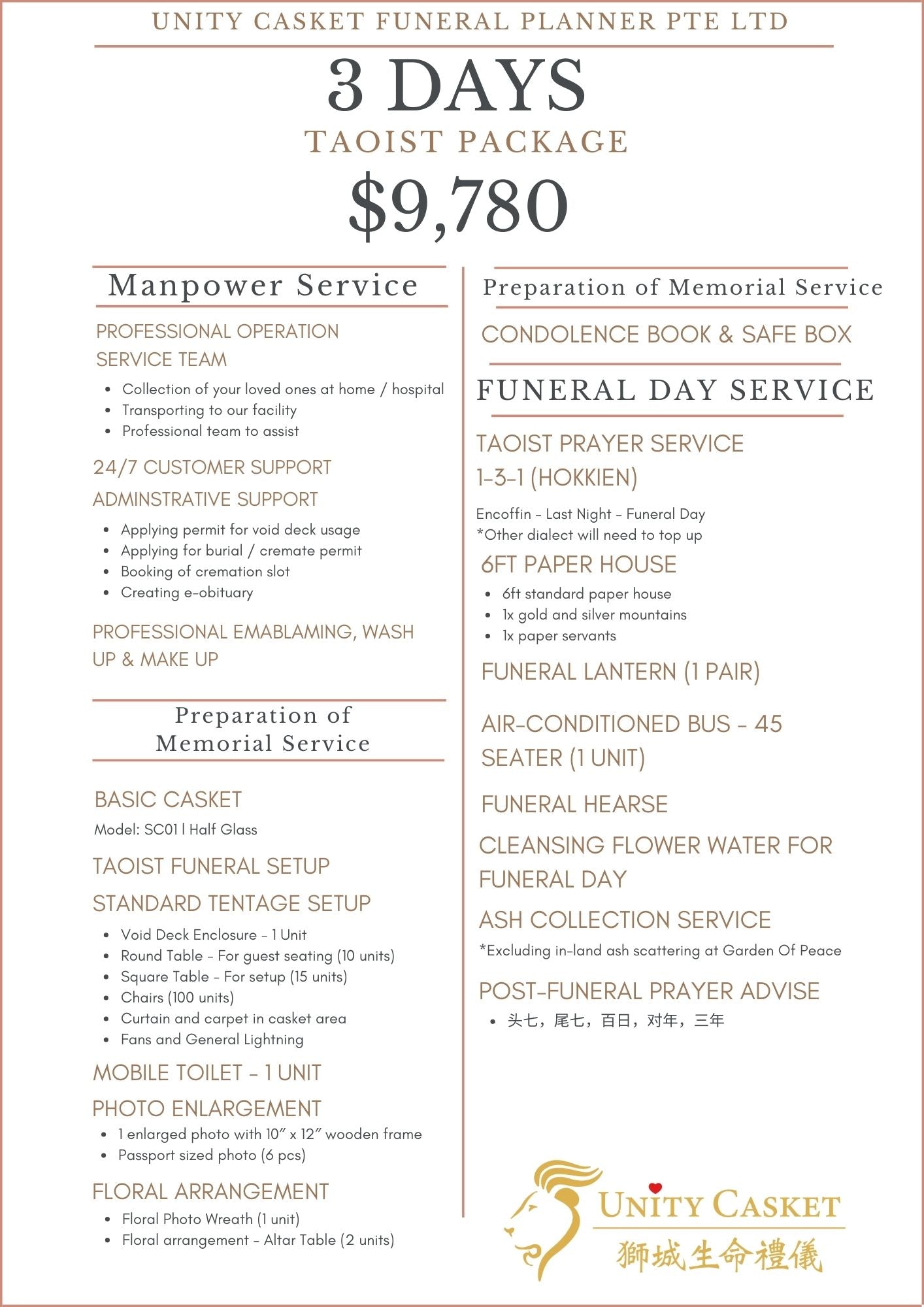 A price list for 3 Days Taoist Funeral Services by Unity Casket, detailing various services and their costs.